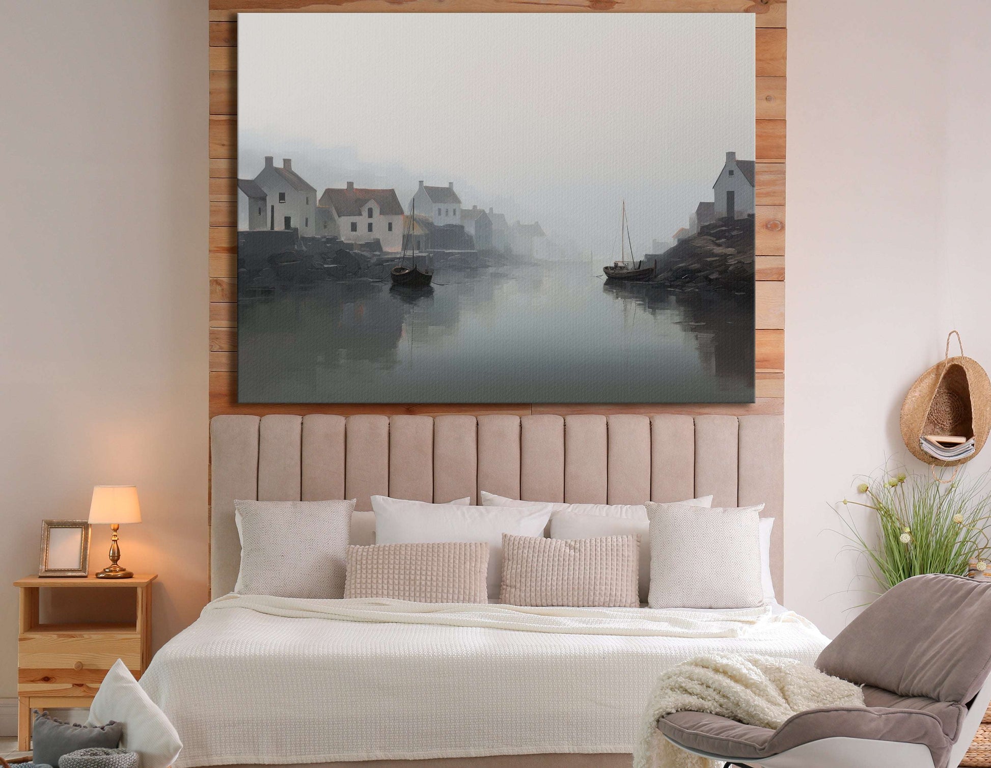 Minimalistic Foggy River and Fishing Village Landscape - Canvas Print - Artoholica Ready to Hang Canvas Print