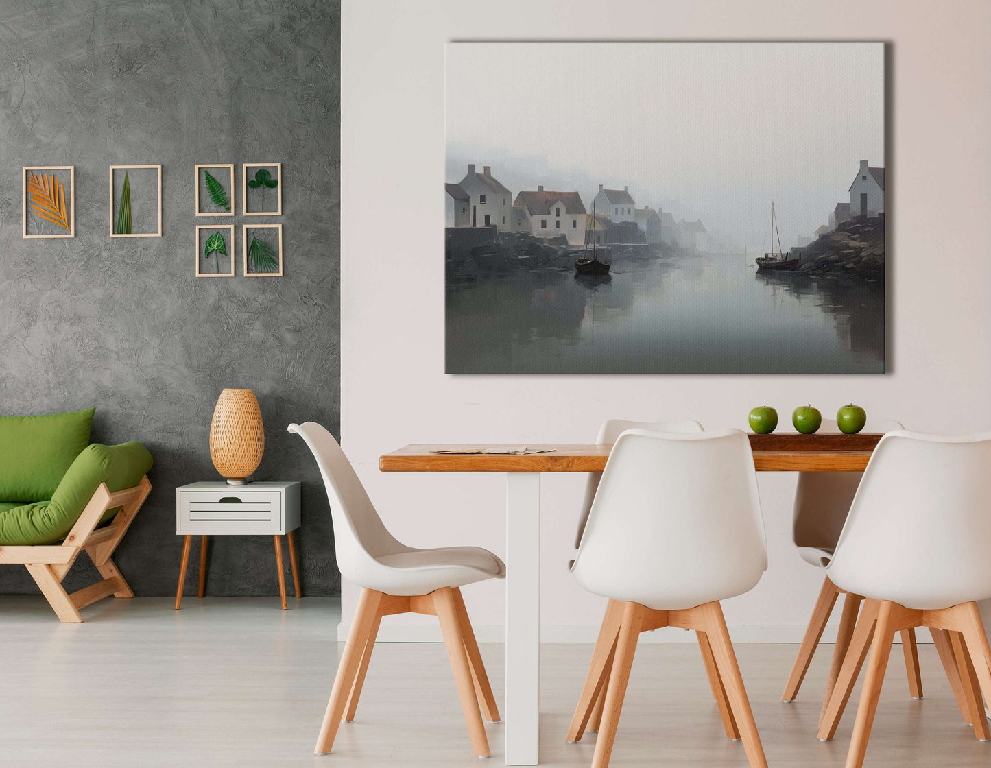 Minimalistic Foggy River and Fishing Village Landscape - Canvas Print - Artoholica Ready to Hang Canvas Print