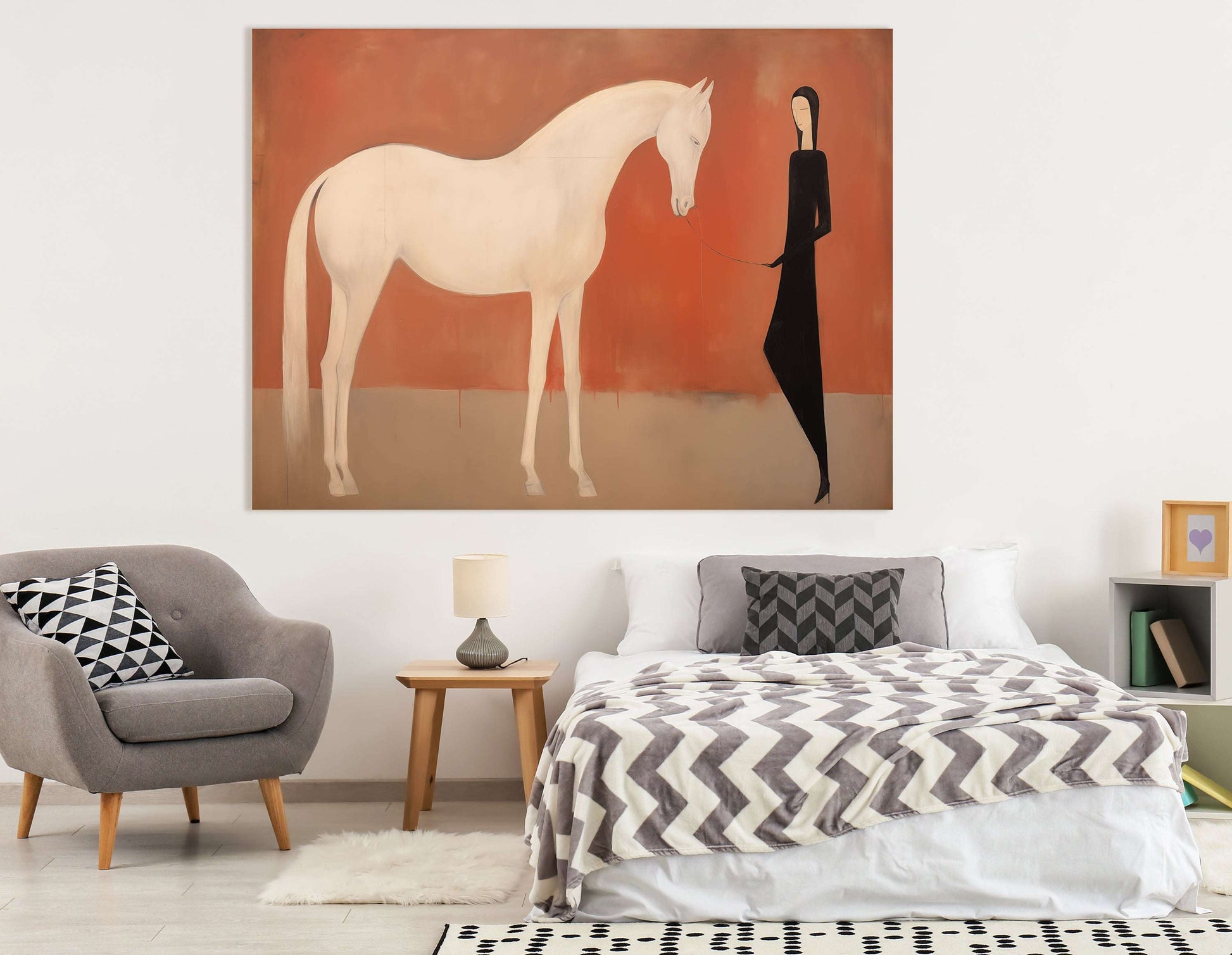 Minimalistic White Horse and Girl in Dark - Canvas Print - Artoholica Ready to Hang Canvas Print