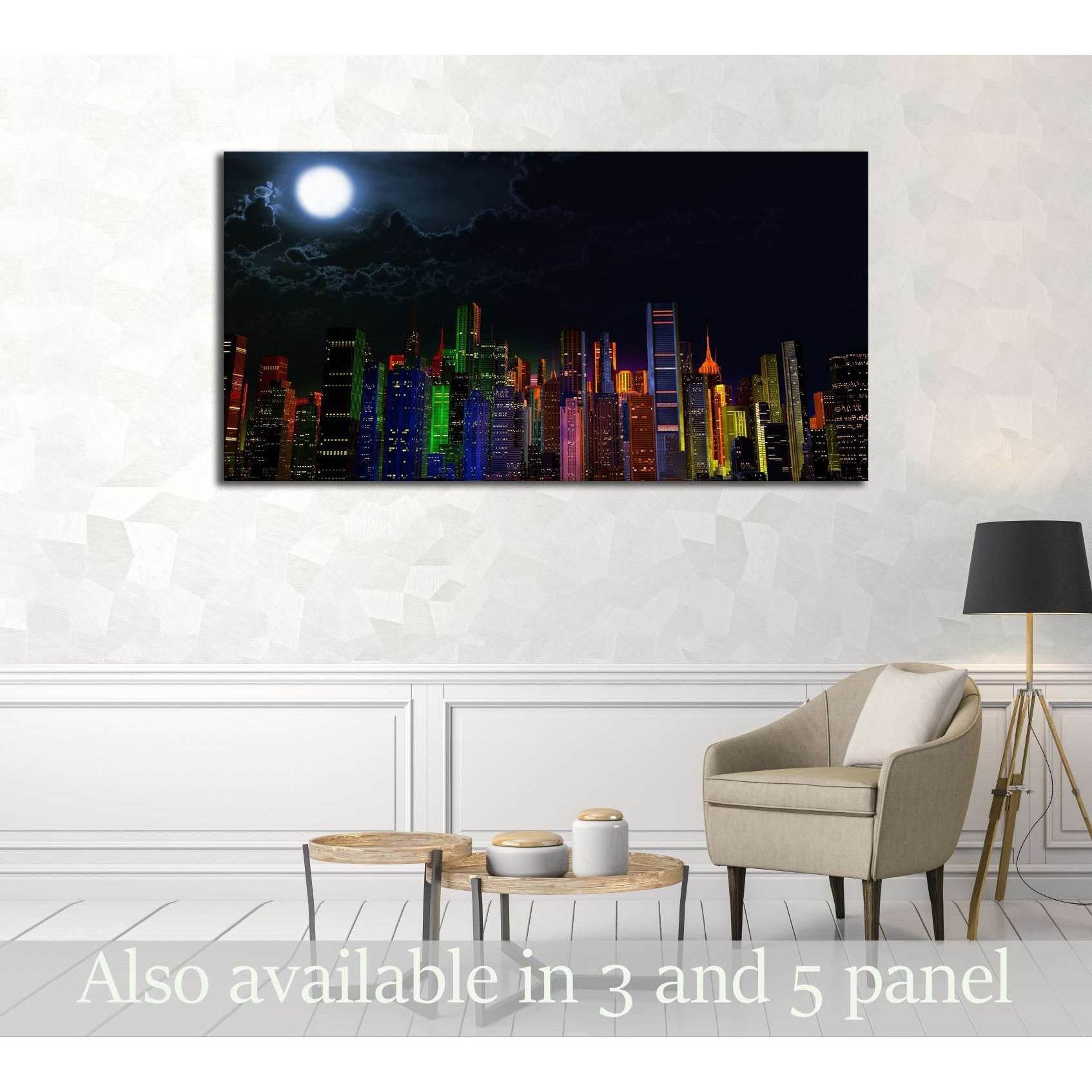 Modern City Lit by Colorful Light Effects at Night 3D Illustration №2994 Ready to Hang Canvas PrintCanvas art arrives ready to hang, with hanging accessories included and no additional framing required. Every canvas print is hand-crafted, made on-demand a