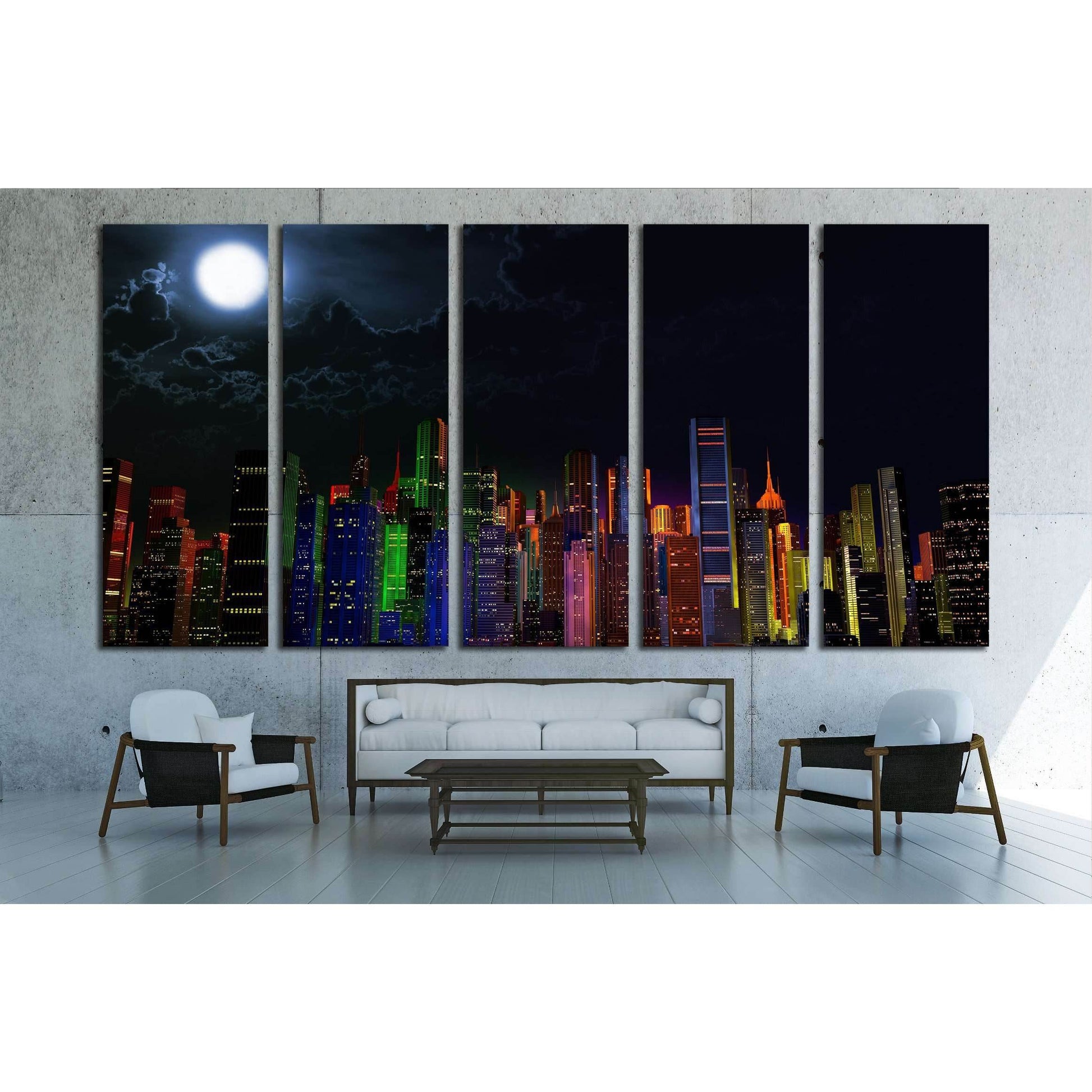 Modern City Lit by Colorful Light Effects at Night 3D Illustration №2994 Ready to Hang Canvas PrintCanvas art arrives ready to hang, with hanging accessories included and no additional framing required. Every canvas print is hand-crafted, made on-demand a