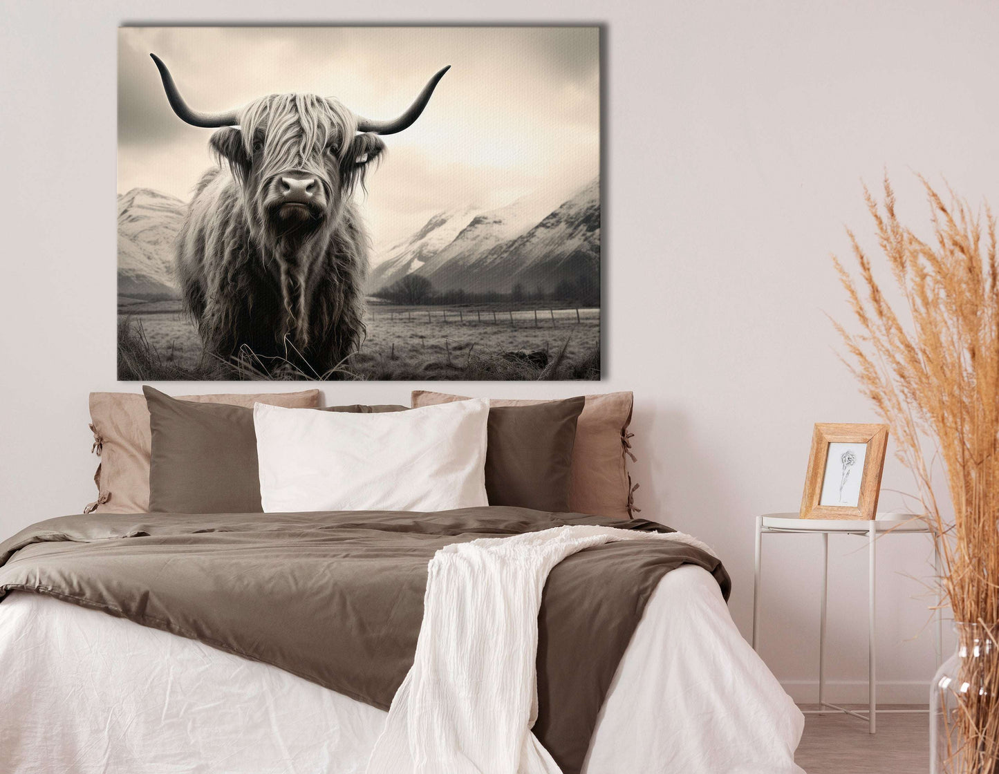 Monochrome Highland Cow in Rustic Fields - Canvas Print - Artoholica Ready to Hang Canvas Print