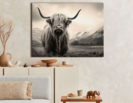 Monochrome Highland Cow in Rustic Fields - Canvas Print - Artoholica Ready to Hang Canvas Print