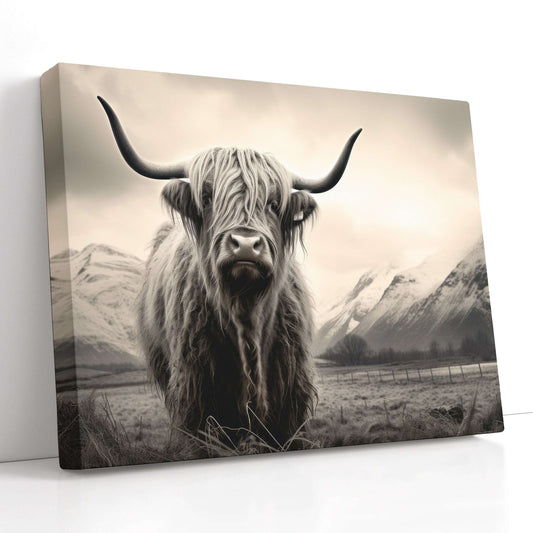 Monochrome Highland Cow in Rustic Fields - Canvas Print - Artoholica Ready to Hang Canvas Print