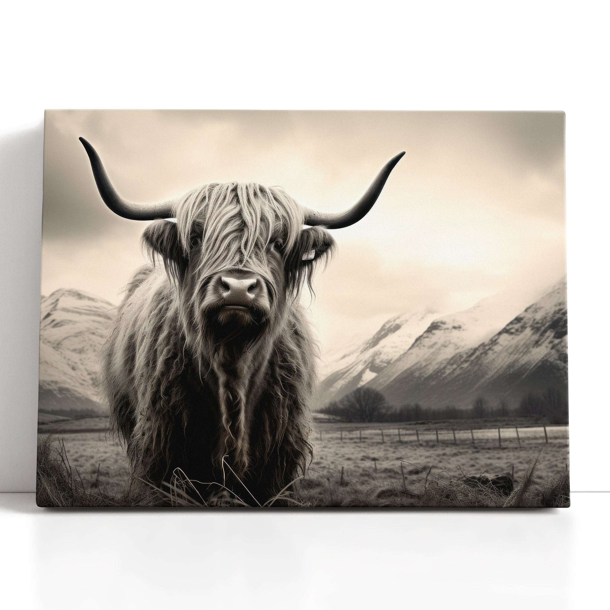 Monochrome Highland Cow in Rustic Fields - Canvas Print - Artoholica Ready to Hang Canvas Print