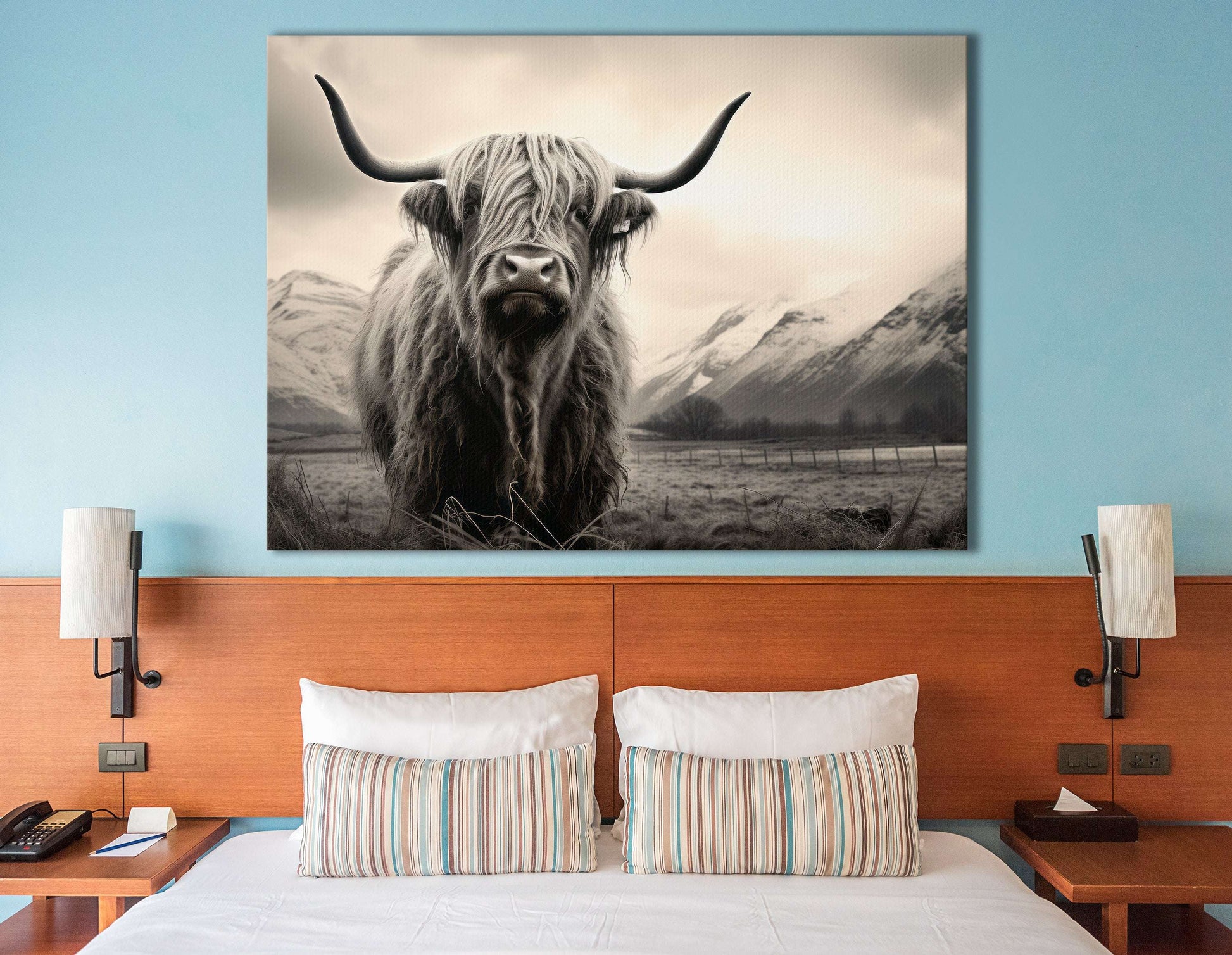 Monochrome Highland Cow in Rustic Fields - Canvas Print - Artoholica Ready to Hang Canvas Print