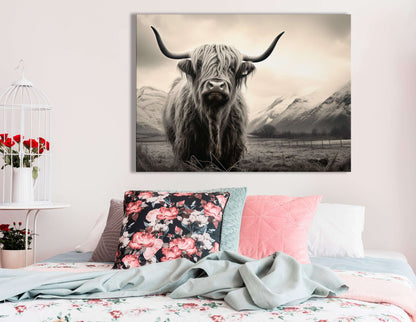 Monochrome Highland Cow in Rustic Fields - Canvas Print - Artoholica Ready to Hang Canvas Print