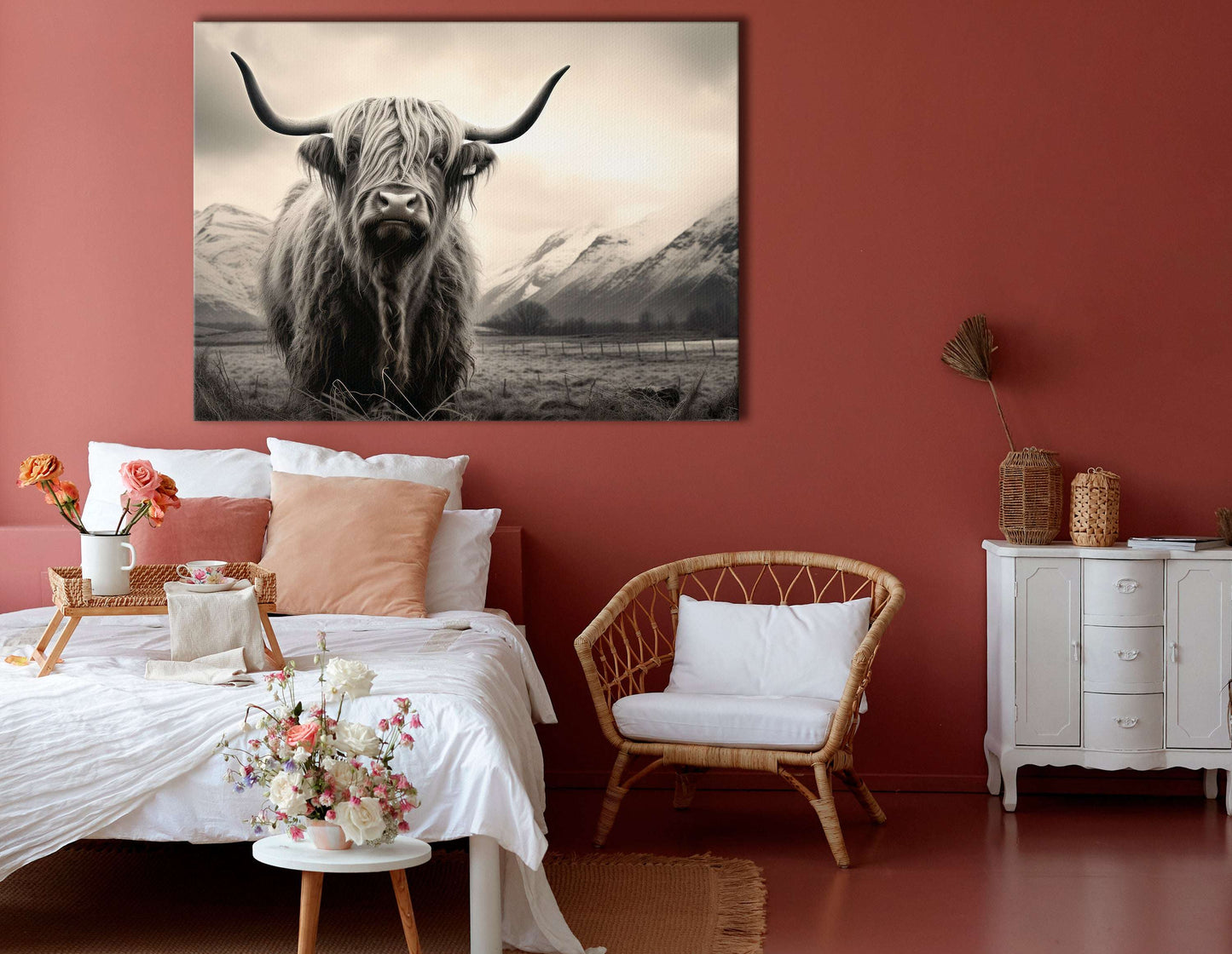 Monochrome Highland Cow in Rustic Fields - Canvas Print - Artoholica Ready to Hang Canvas Print