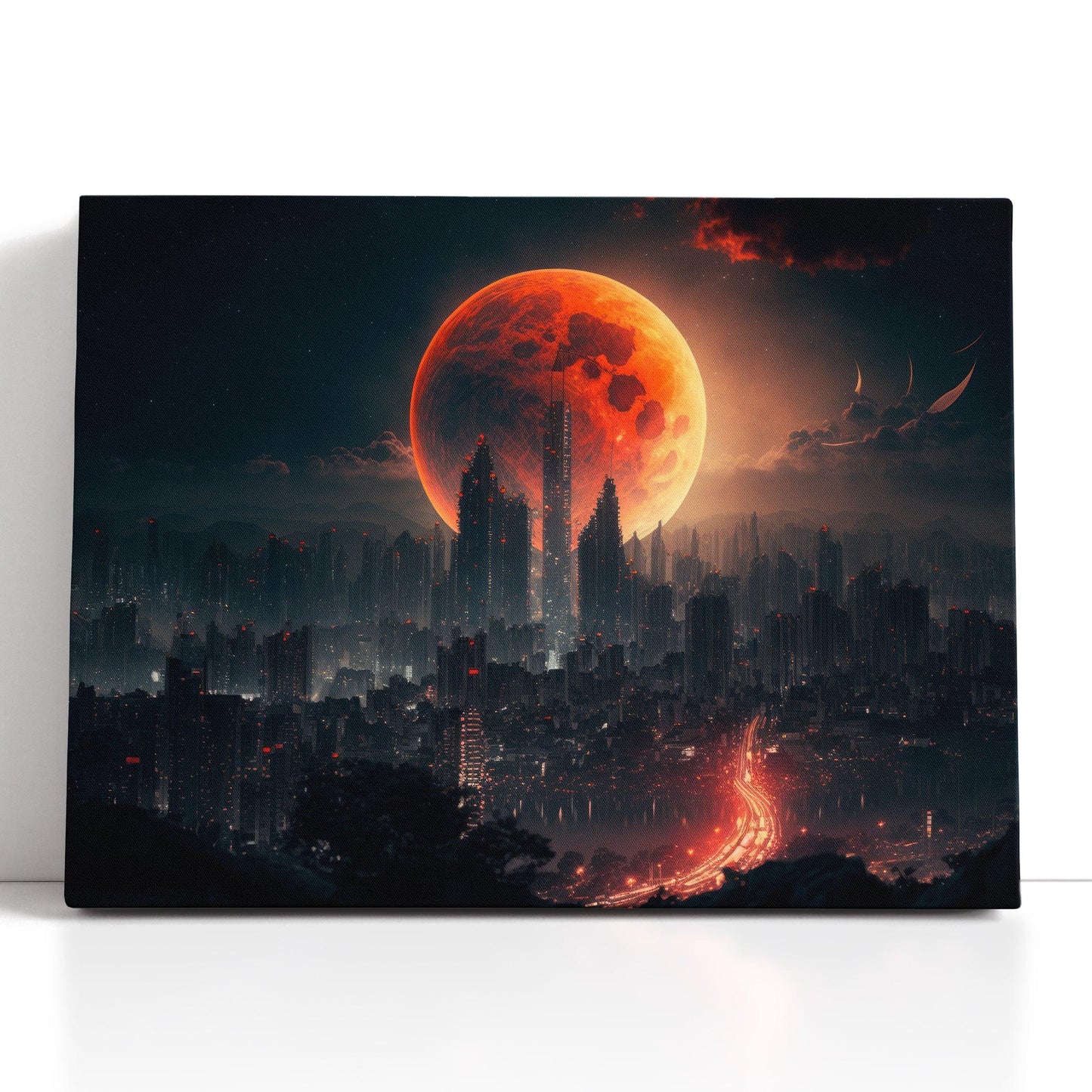 Moon Over Futuristic City - Canvas Print - Artoholica Ready to Hang Canvas Print