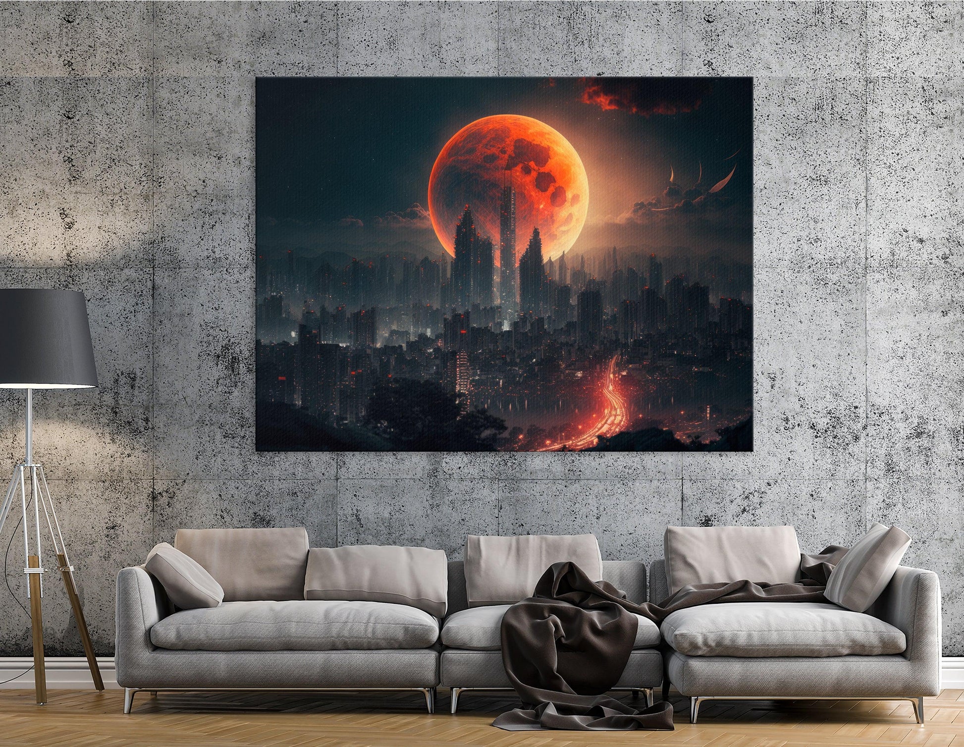 Moon Over Futuristic City - Canvas Print - Artoholica Ready to Hang Canvas Print