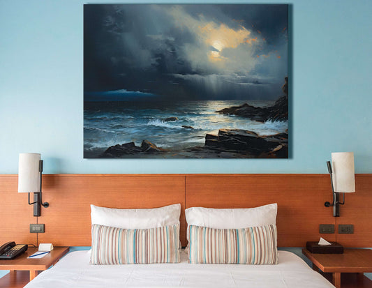 Moonlit Coastal Seascape with Heavy Clouds and Rain - Canvas Print - Artoholica Ready to Hang Canvas Print