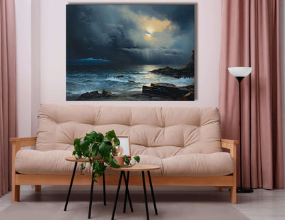 Moonlit Coastal Seascape with Heavy Clouds and Rain - Canvas Print - Artoholica Ready to Hang Canvas Print