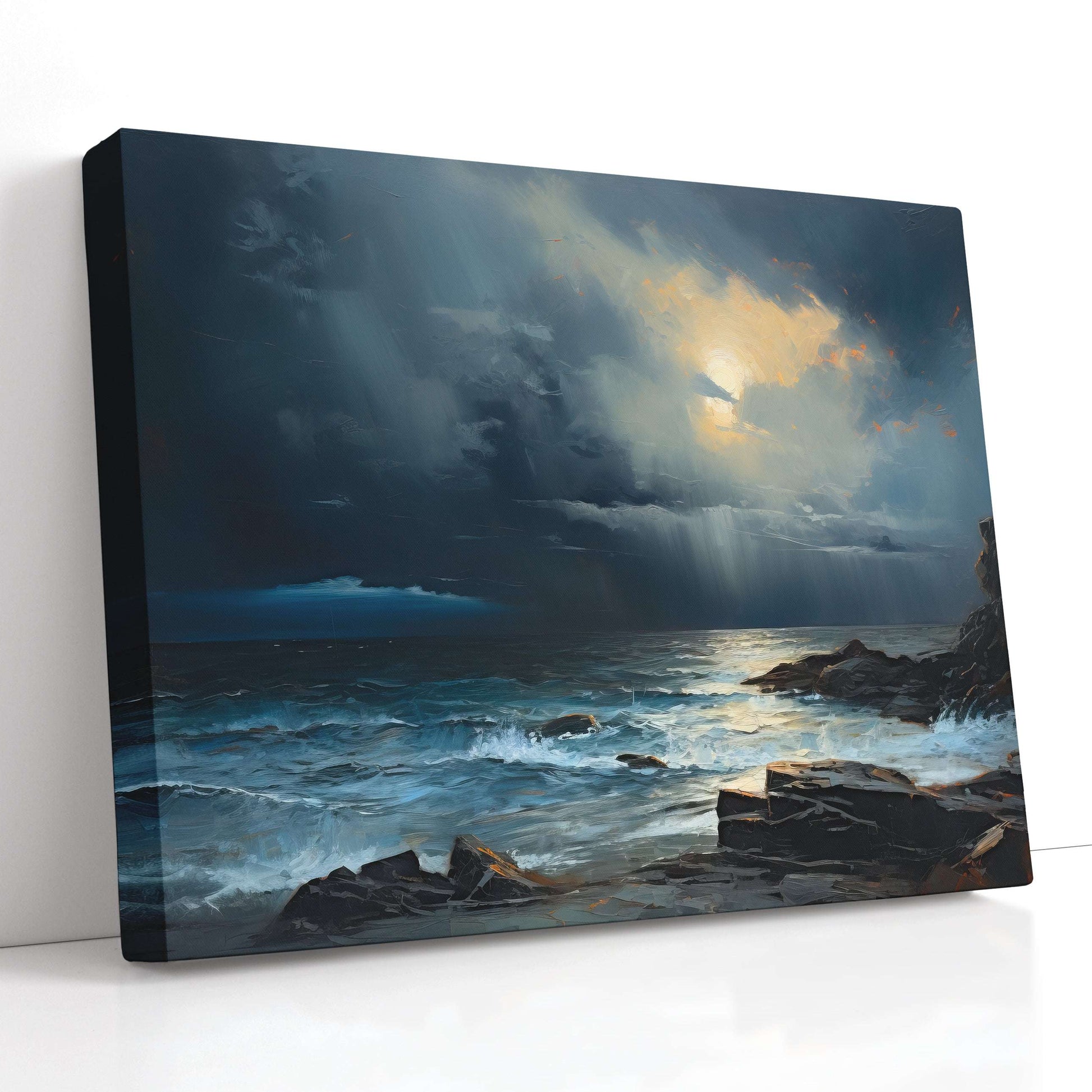 Moonlit Coastal Seascape with Heavy Clouds and Rain - Canvas Print - Artoholica Ready to Hang Canvas Print