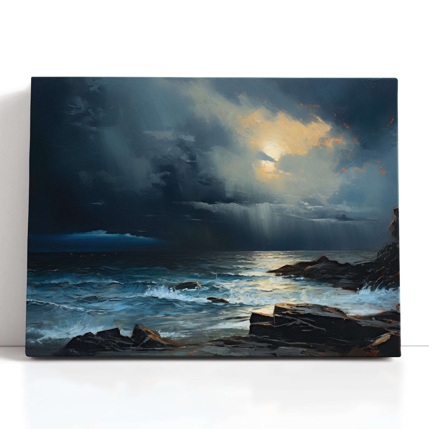 Moonlit Coastal Seascape with Heavy Clouds and Rain - Canvas Print - Artoholica Ready to Hang Canvas Print