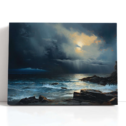 Moonlit Coastal Seascape with Heavy Clouds and Rain - Canvas Print - Artoholica Ready to Hang Canvas Print