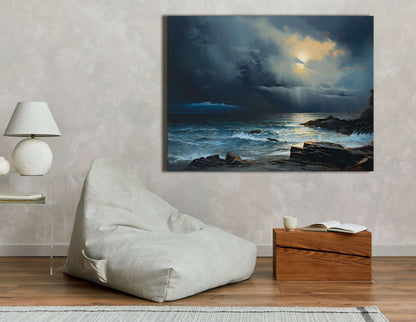 Moonlit Coastal Seascape with Heavy Clouds and Rain - Canvas Print - Artoholica Ready to Hang Canvas Print