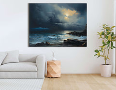 Moonlit Coastal Seascape with Heavy Clouds and Rain - Canvas Print - Artoholica Ready to Hang Canvas Print