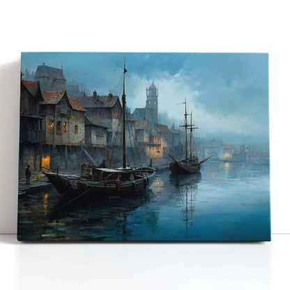 Moonlit Old Fishing Village with Docked Boats - Canvas Print - Artoholica Ready to Hang Canvas Print