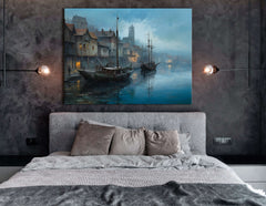 Moonlit Old Fishing Village with Docked Boats - Canvas Print - Artoholica Ready to Hang Canvas Print