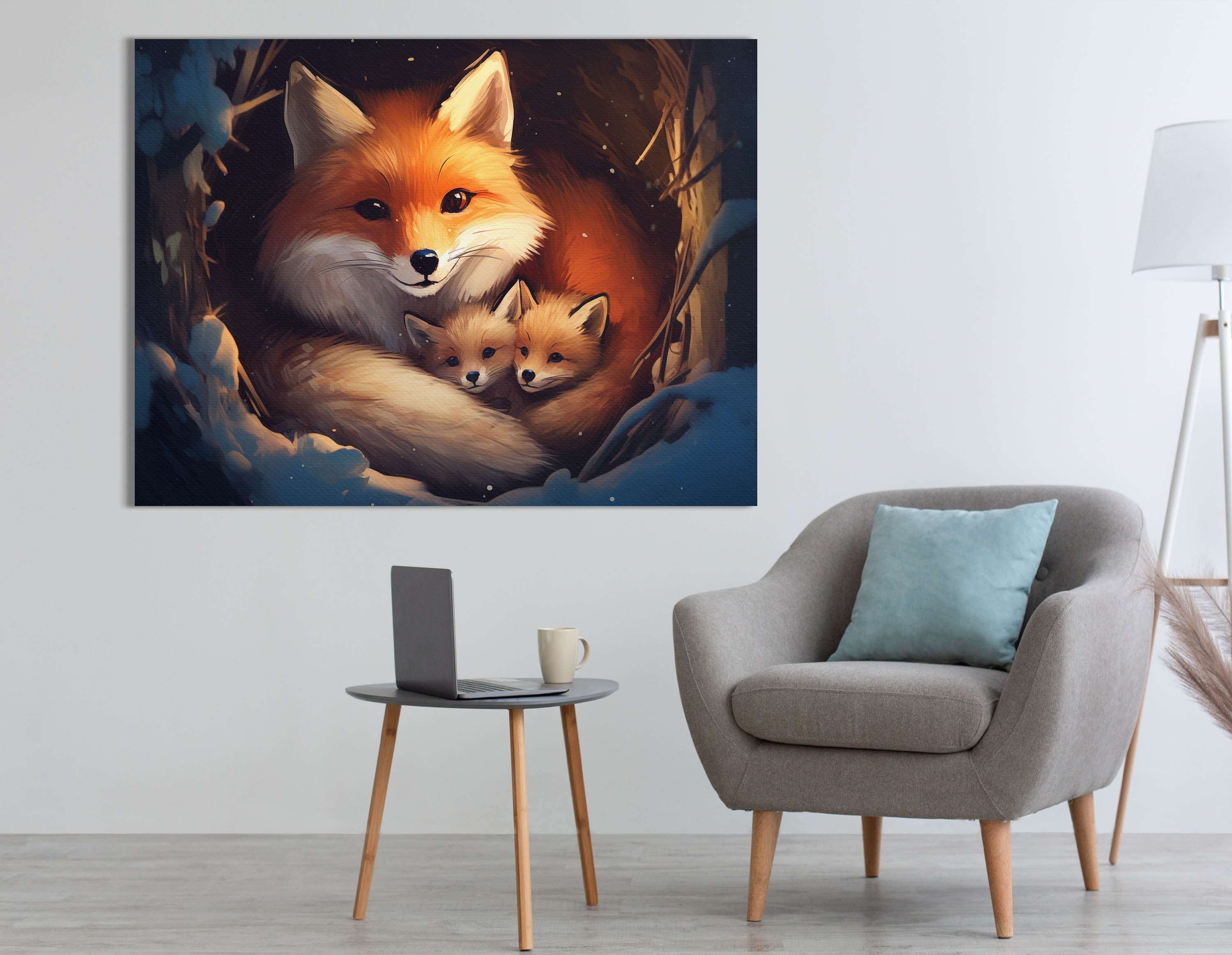 Mother Fox with Cubs - Canvas Print - Artoholica Ready to Hang Canvas Print