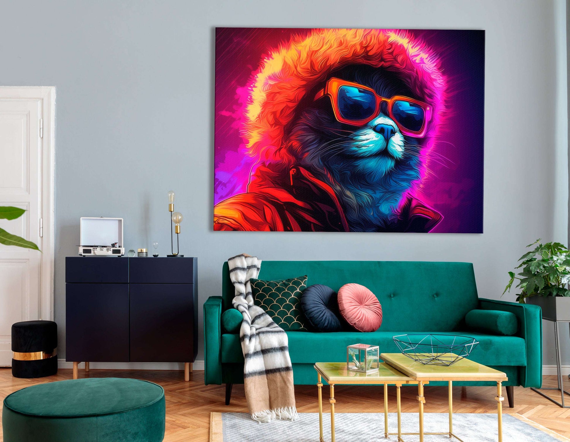 Neon Cat in Stylish Attire - Canvas Print - Artoholica Ready to Hang Canvas Print