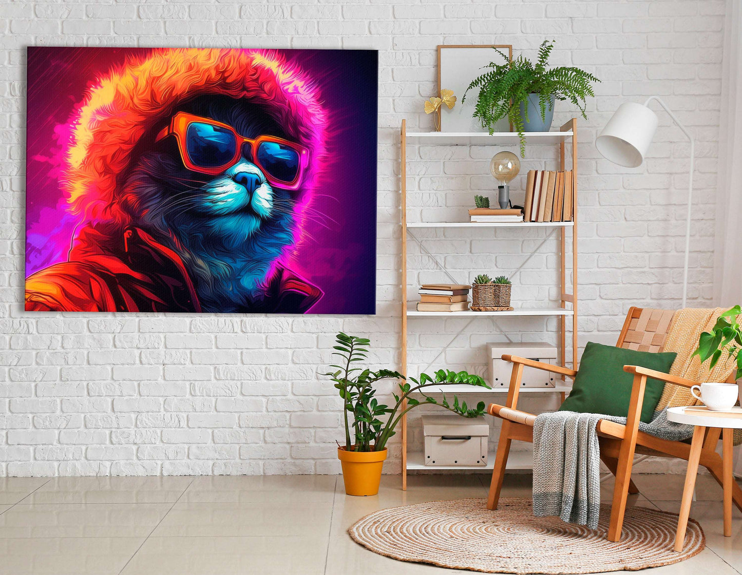 Neon Cat in Stylish Attire - Canvas Print - Artoholica Ready to Hang Canvas Print