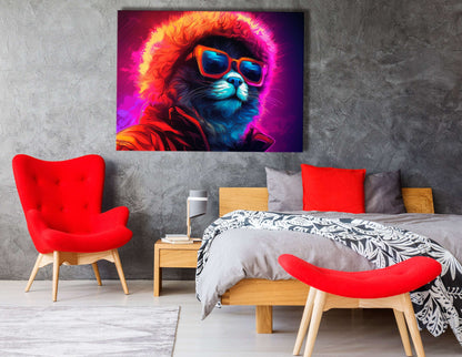 Neon Cat in Stylish Attire - Canvas Print - Artoholica Ready to Hang Canvas Print