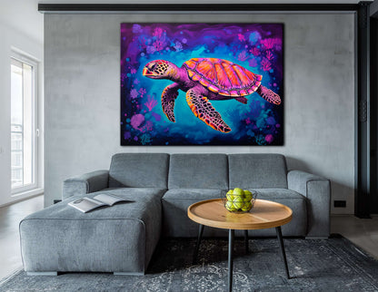 Neon Sea Turtle - Canvas Print - Artoholica Ready to Hang Canvas Print