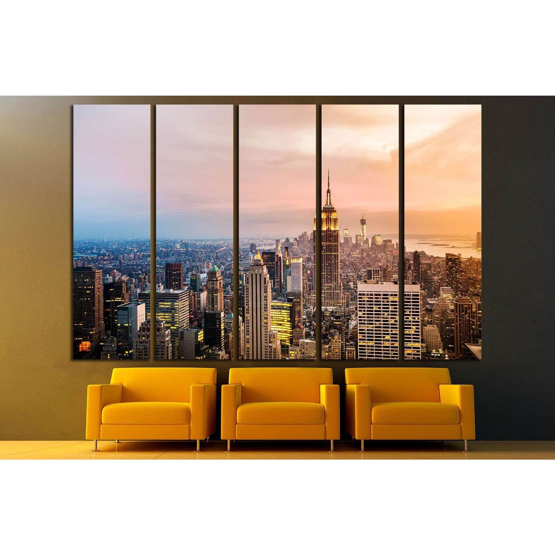 New York City skyline with urban skyscrapers at sunset №1937 Ready to Hang Canvas PrintCanvas art arrives ready to hang, with hanging accessories included and no additional framing required. Every canvas print is hand-crafted, made on-demand at our worksh