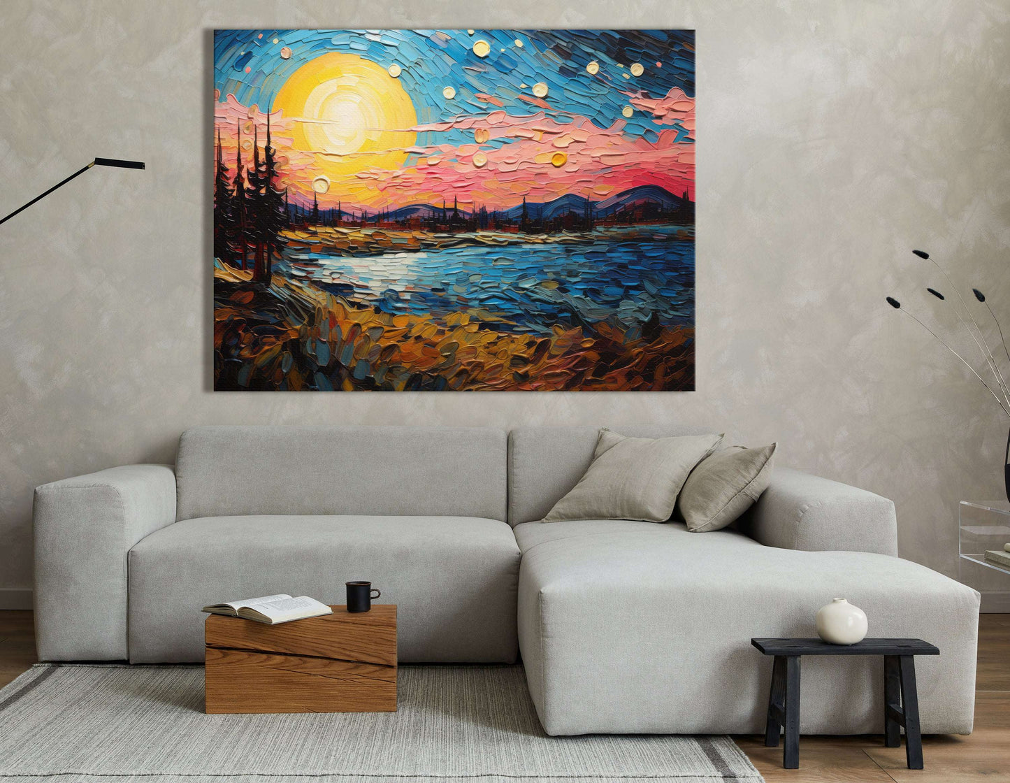 Night Sky with Pink Clouds over Lake - Canvas Print - Artoholica Ready to Hang Canvas Print