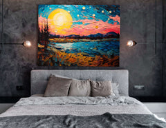 Night Sky with Pink Clouds over Lake - Canvas Print - Artoholica Ready to Hang Canvas Print