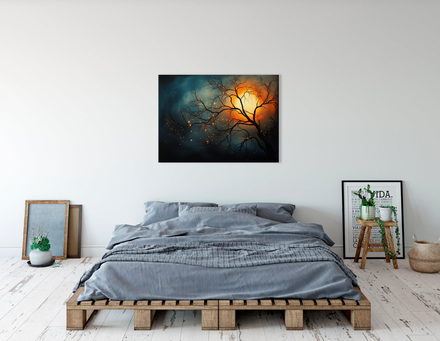 Night Sky with Tree Silhouette and Shining Stars - Canvas Print - Artoholica Ready to Hang Canvas Print