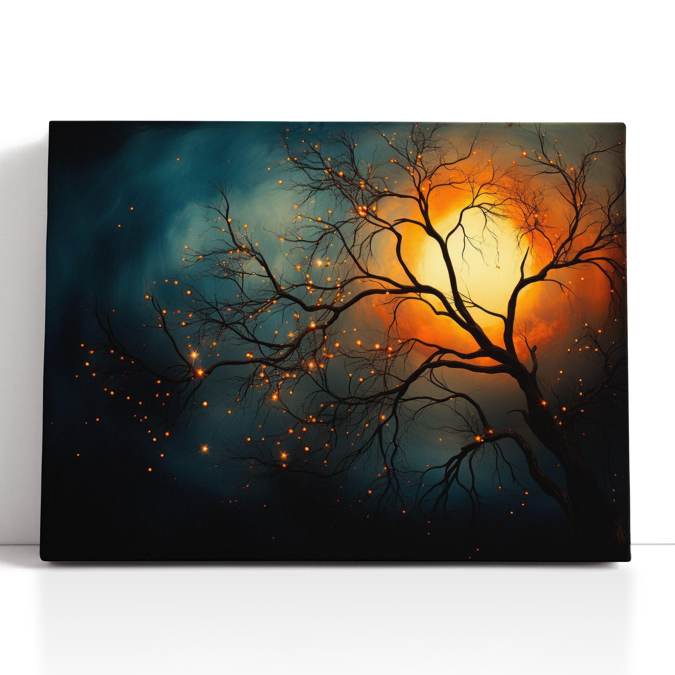 Night Sky with Tree Silhouette and Shining Stars - Canvas Print - Artoholica Ready to Hang Canvas Print