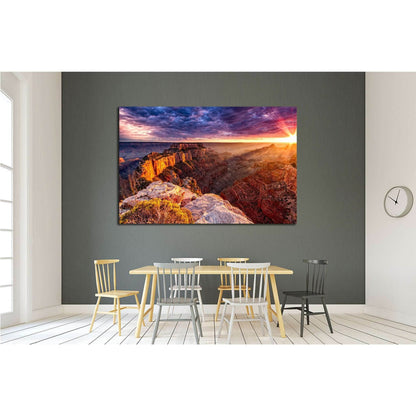 North Rim Grand Canyon Cape Royal №1962 Ready to Hang Canvas PrintThis triptych canvas print captures the breathtaking beauty of the North Rim of the Grand Canyon from Cape Royal at sunrise. The warm sunlight bathes the intricate rock formations in a gold