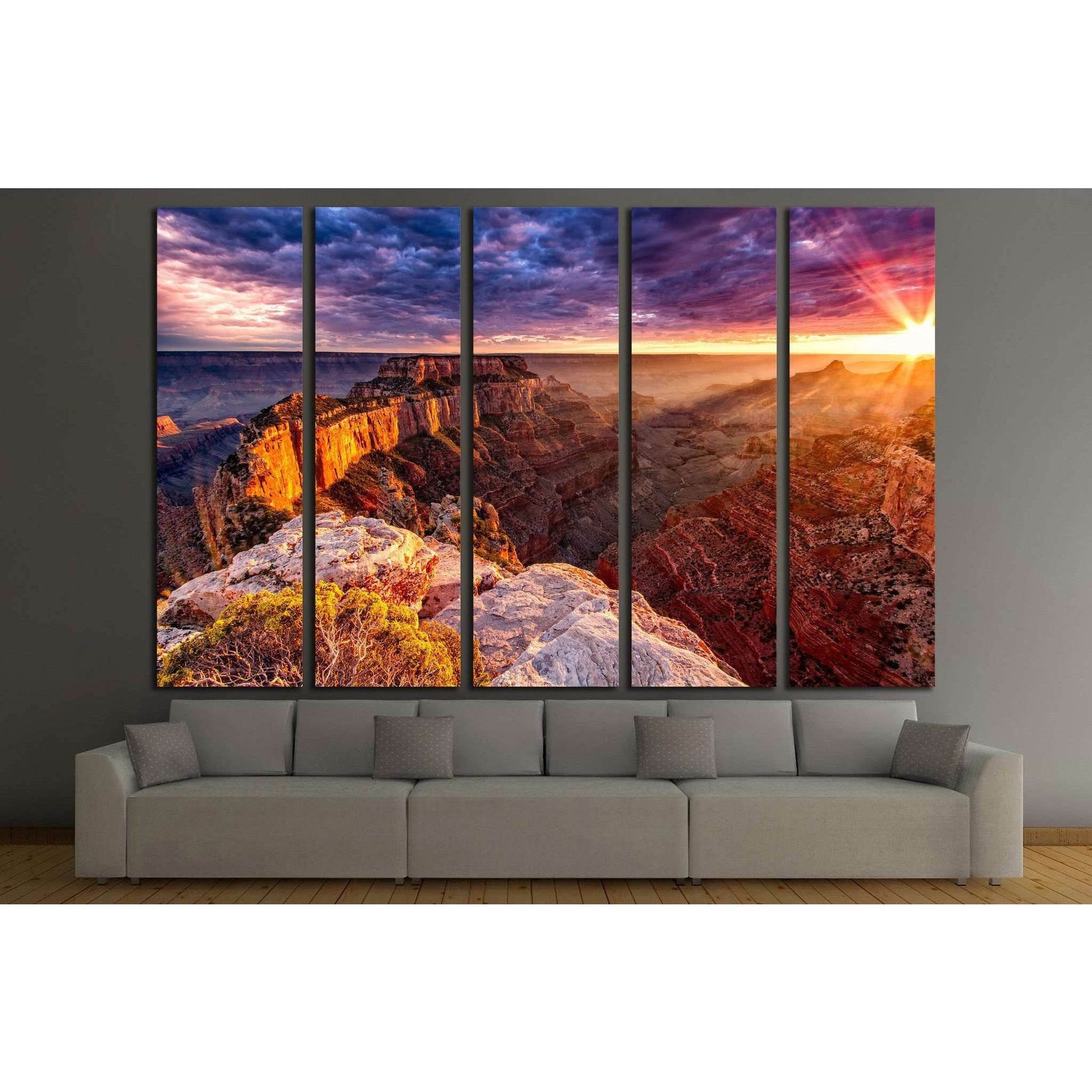 North Rim Grand Canyon Cape Royal №1962 Ready to Hang Canvas PrintThis triptych canvas print captures the breathtaking beauty of the North Rim of the Grand Canyon from Cape Royal at sunrise. The warm sunlight bathes the intricate rock formations in a gold