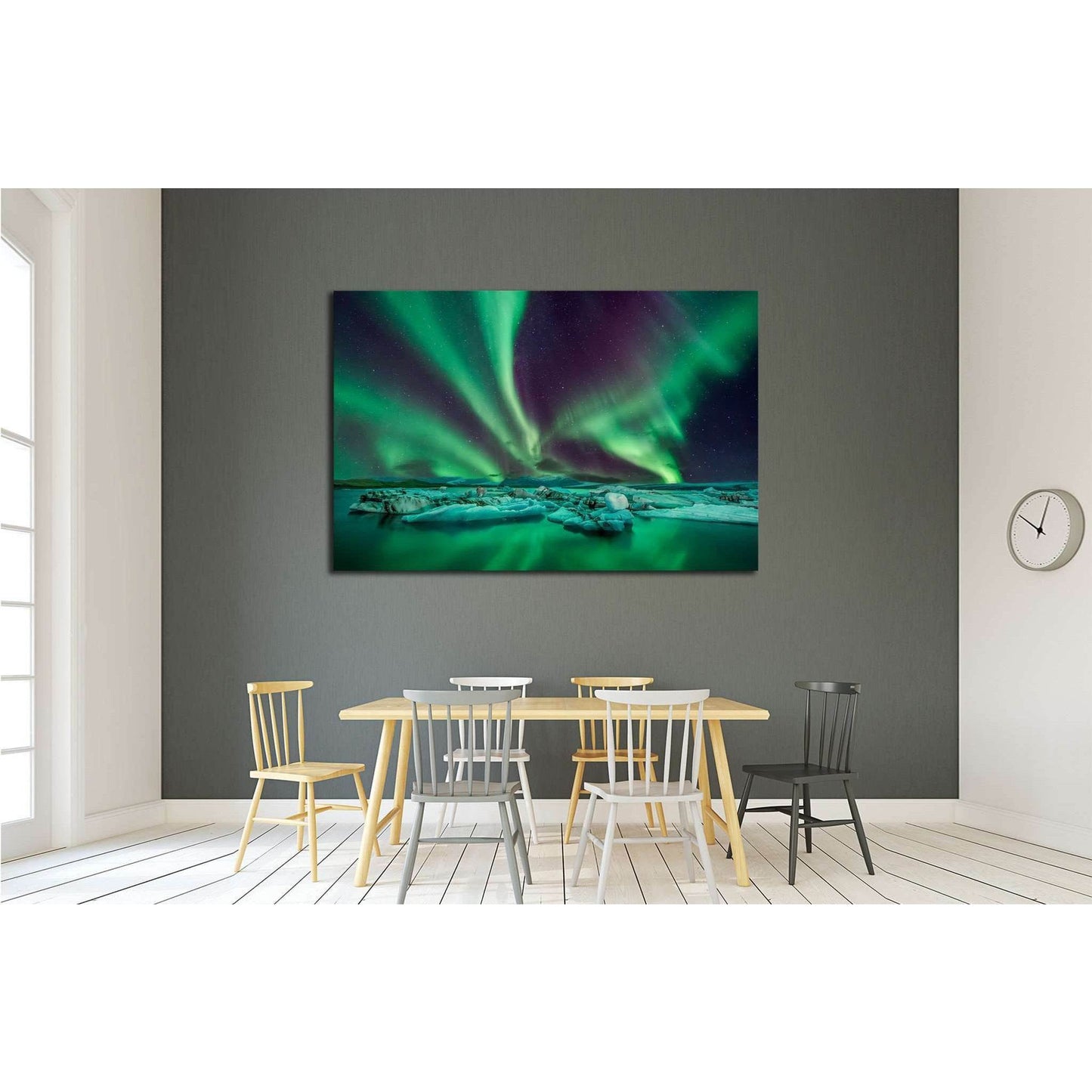 Northern Lights Over Icy Landscape Canvas Print for Modern Home DecorThis canvas print showcases the magnificent Northern Lights, or Aurora Borealis, with their ethereal green hues dancing over a serene icy landscape. It's a piece that would bring a sense