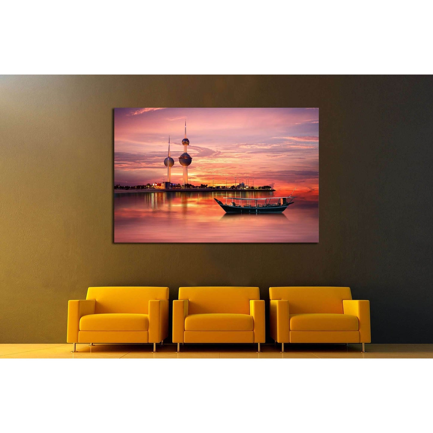 Serene Sunset Over Kuwait Towers Canvas for Office WallsThis canvas print showcases a serene twilight scene with the iconic Kuwait Towers silhouetted against a radiant sunset sky, complemented by a traditional dhow boat on the water's calm surface. This p