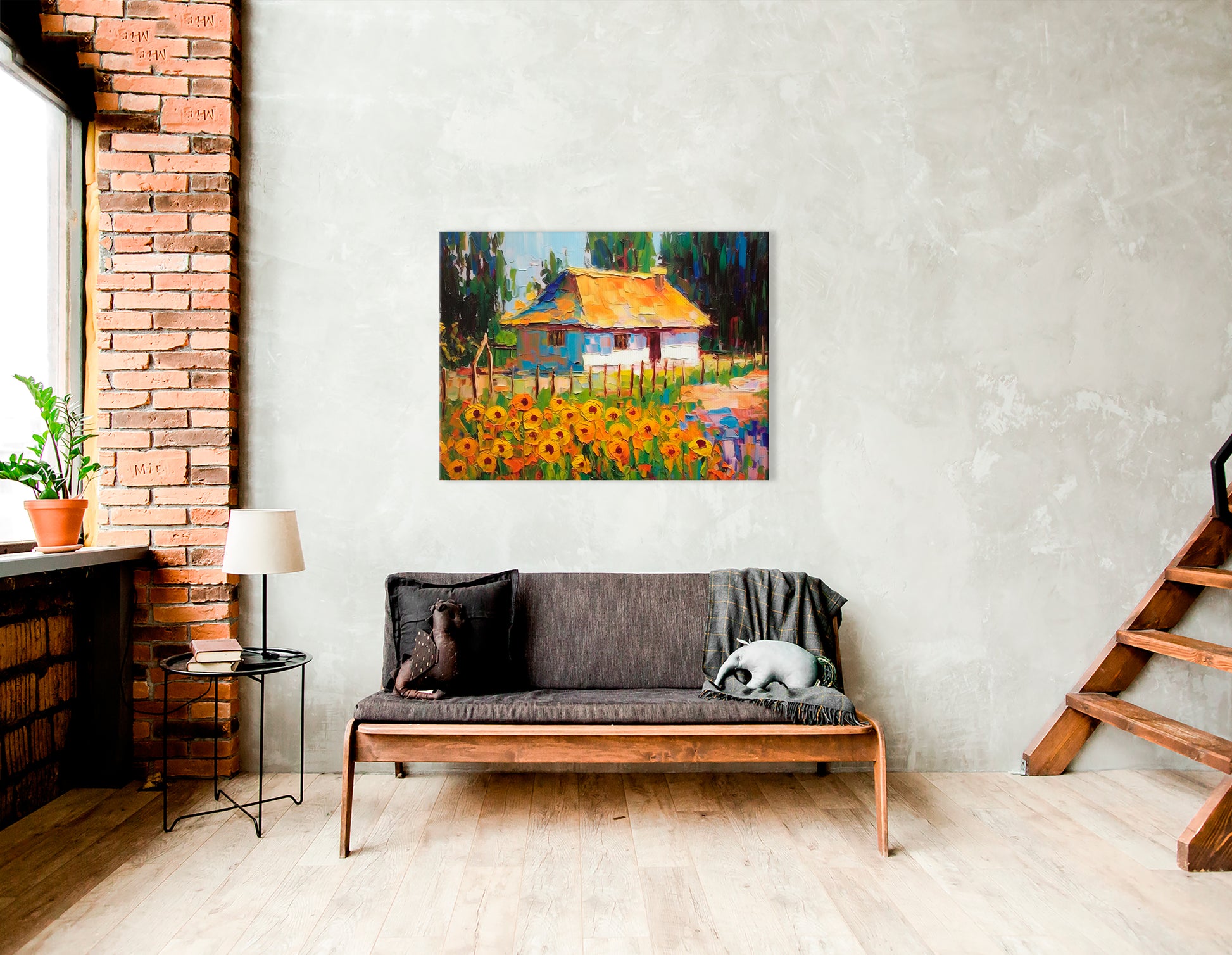 Old-Style House with Sunflower Garden - Canvas Print - Artoholica Ready to Hang Canvas Print