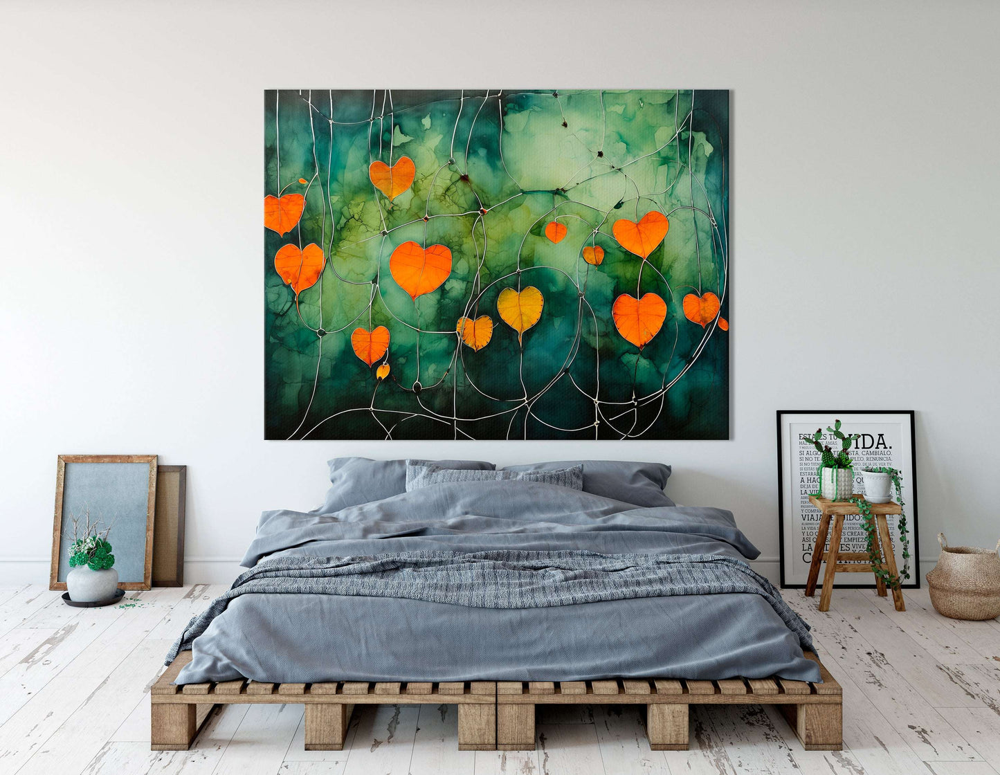 Orange Heart-Shaped Physalis on Dark Green - Canvas Print - Artoholica Ready to Hang Canvas Print