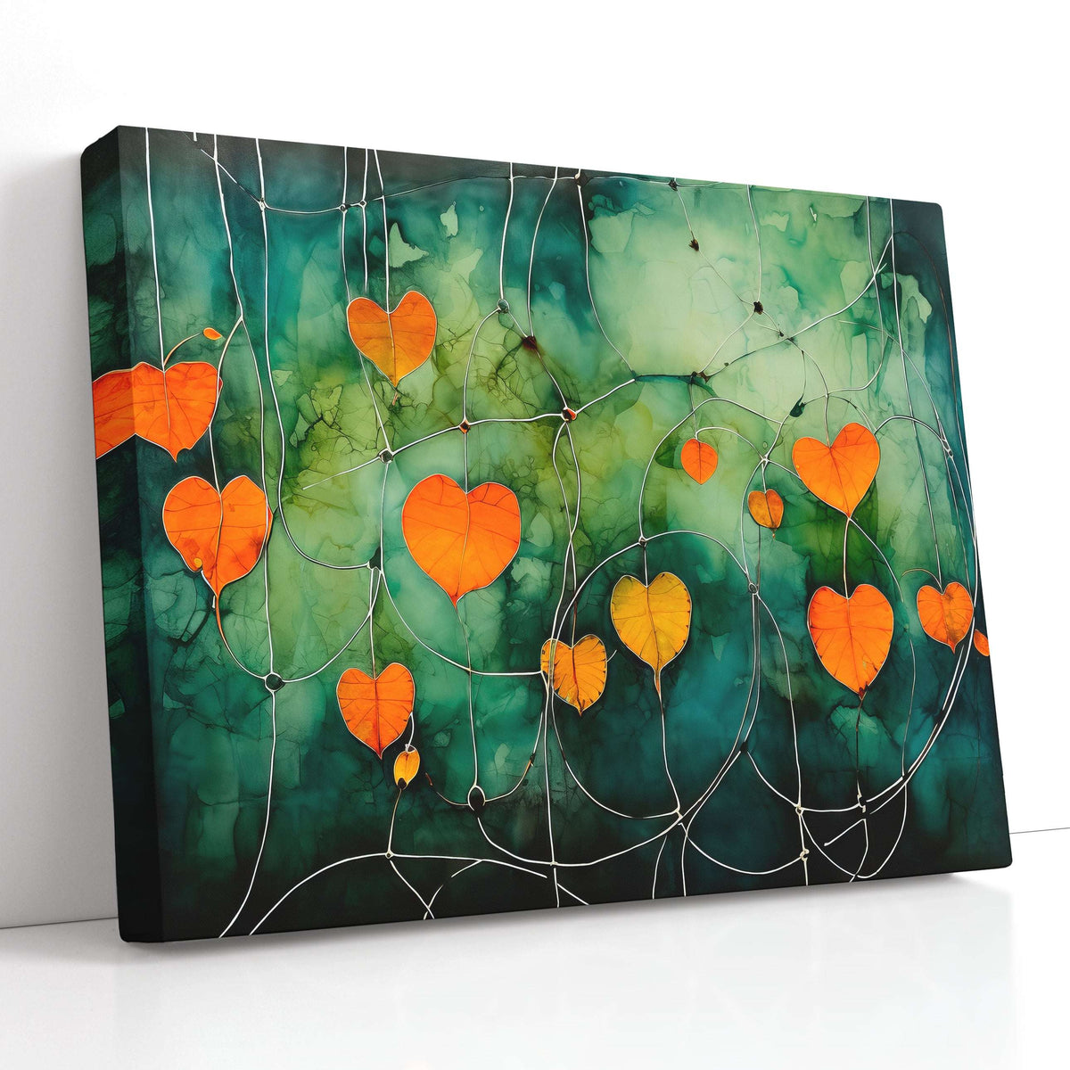 Orange Heart-Shaped Physalis on Dark Green - Canvas Print - Artoholica Ready to Hang Canvas Print
