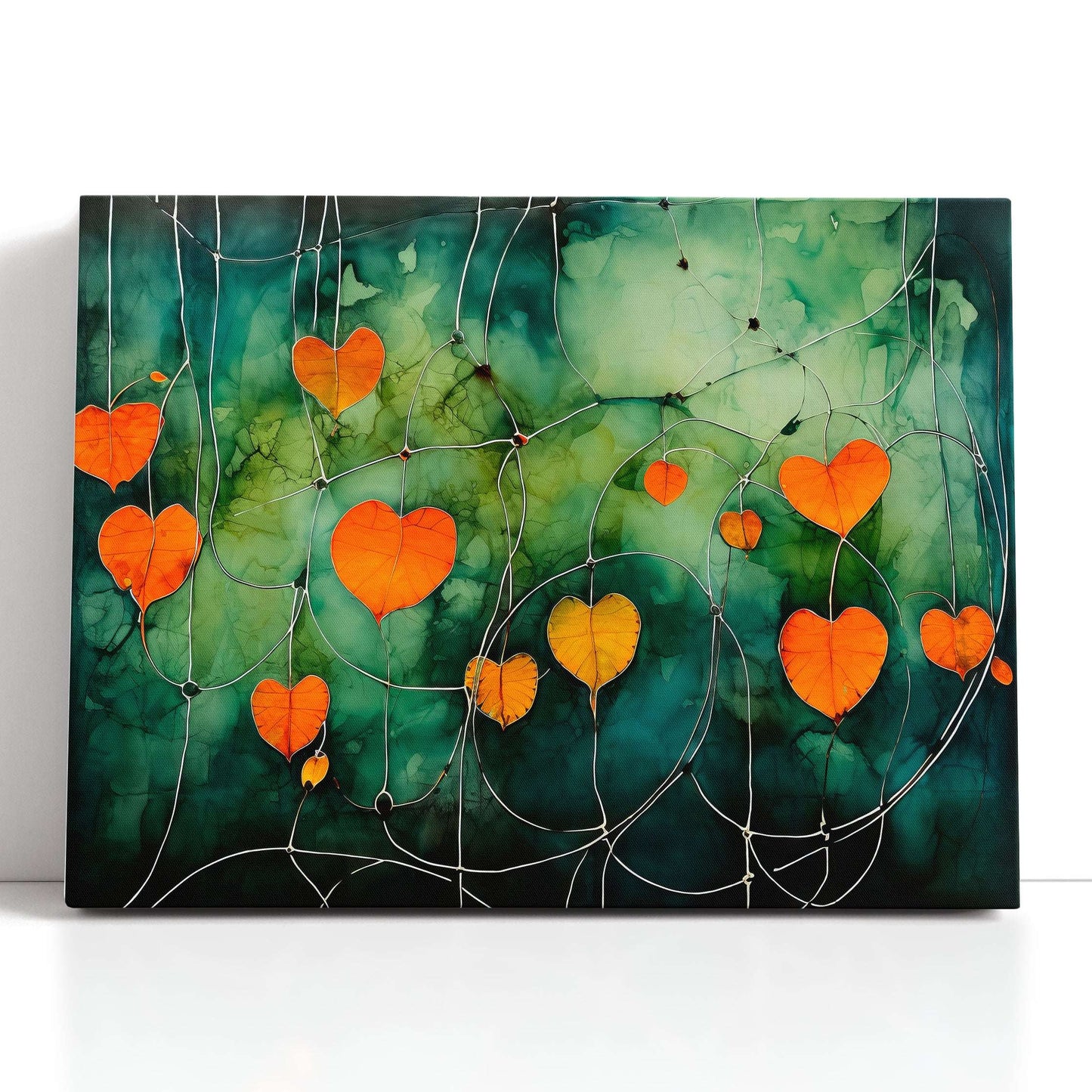 Orange Heart-Shaped Physalis on Dark Green - Canvas Print - Artoholica Ready to Hang Canvas Print