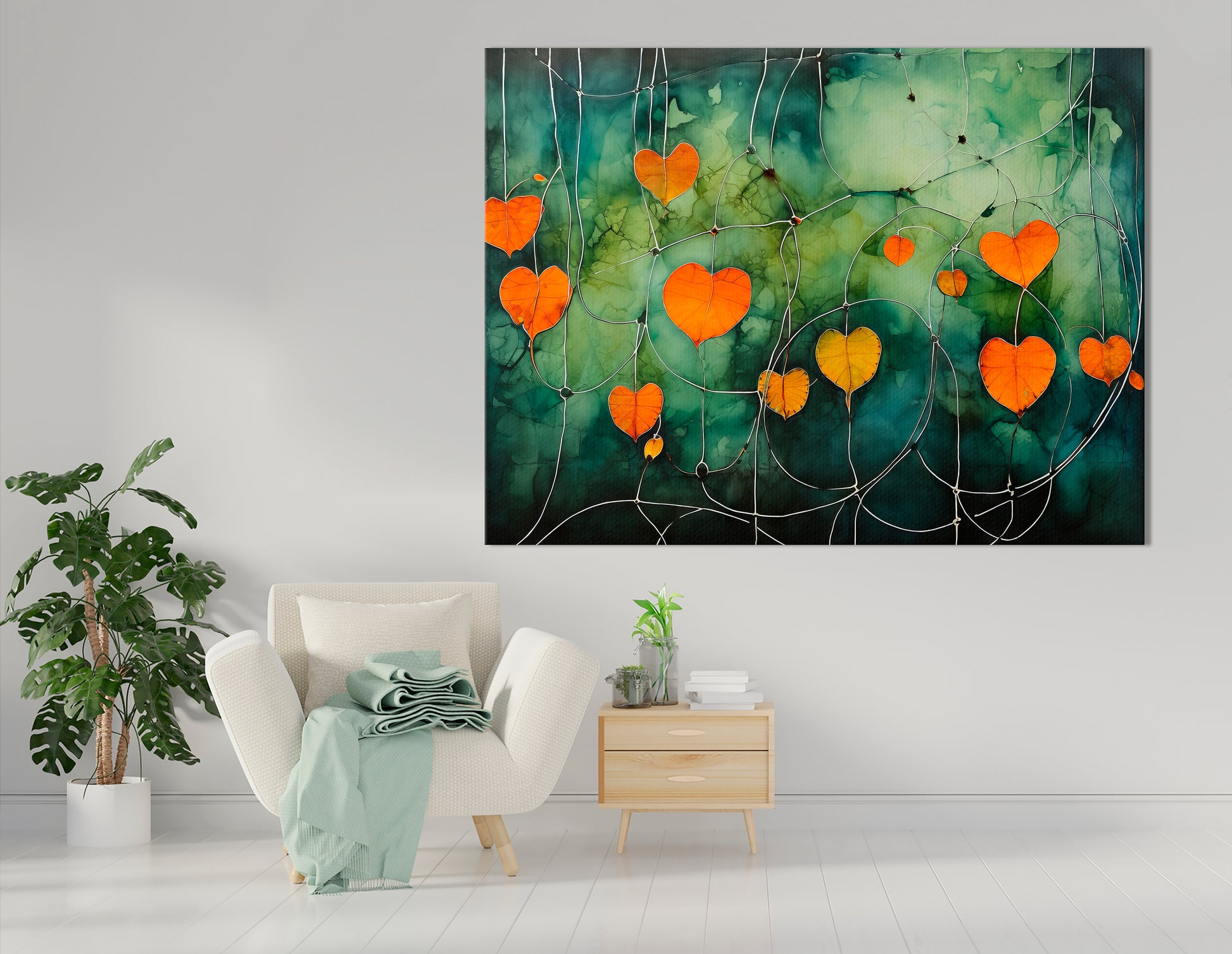 Orange Heart-Shaped Physalis on Dark Green - Canvas Print - Artoholica Ready to Hang Canvas Print