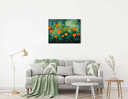 Orange Heart-Shaped Physalis on Dark Green - Canvas Print - Artoholica Ready to Hang Canvas Print