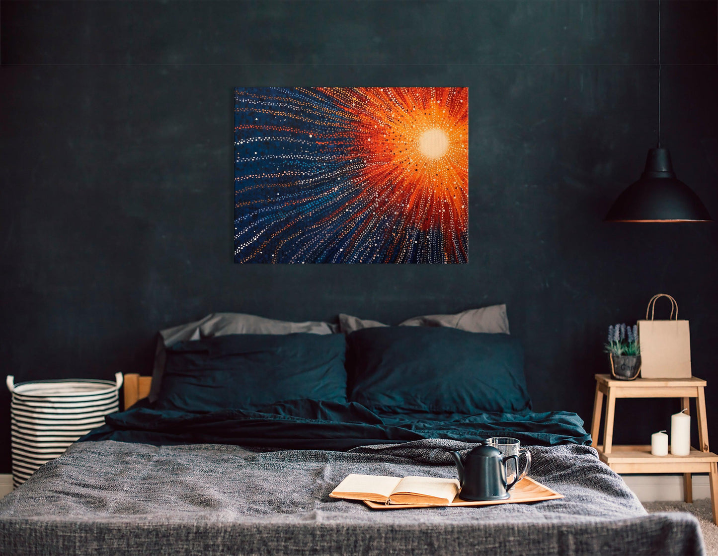 Orange Supernova on Blue in Pointillism Style - Canvas Print - Artoholica Ready to Hang Canvas Print