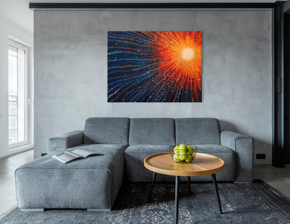 Orange Supernova on Blue in Pointillism Style - Canvas Print - Artoholica Ready to Hang Canvas Print