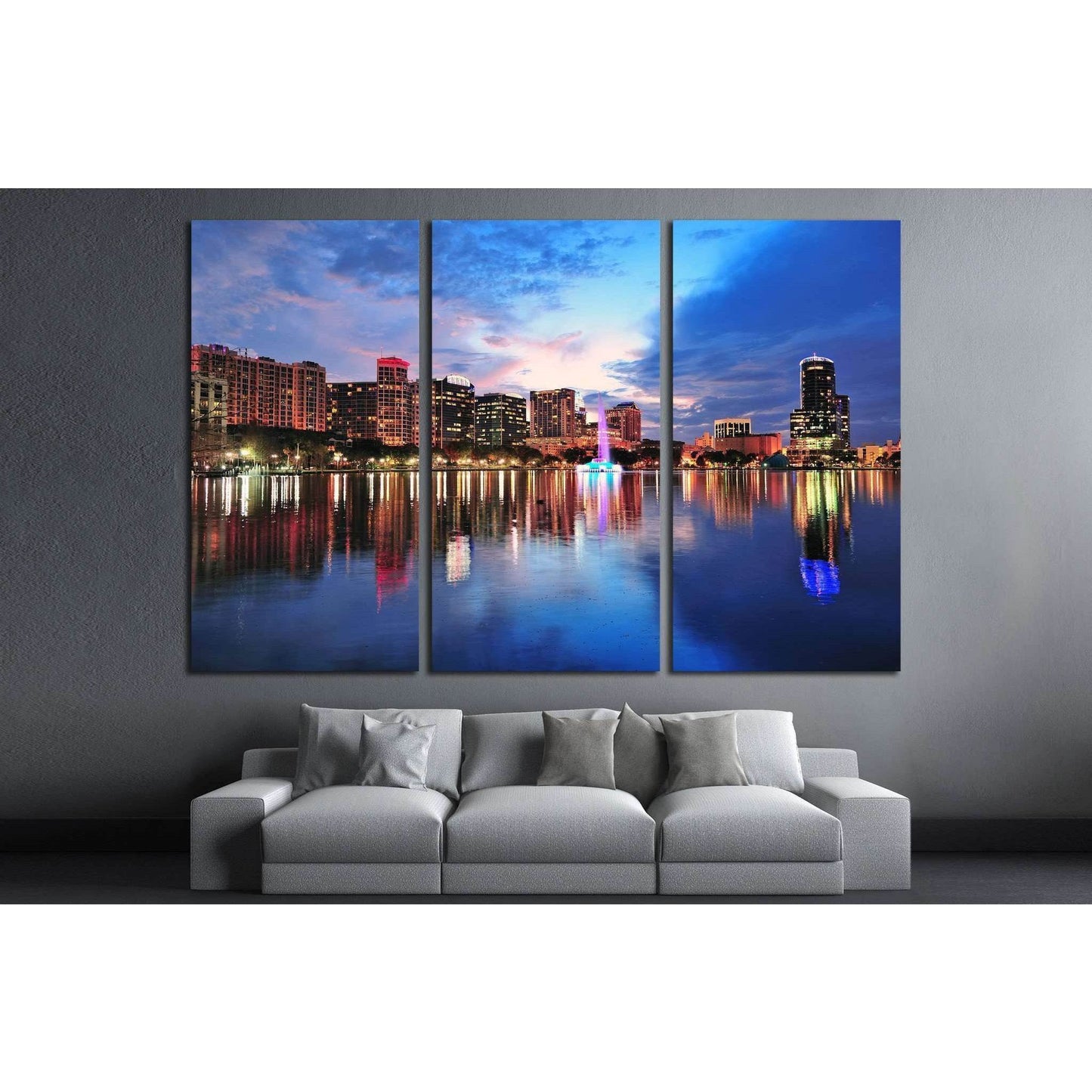 Orlando skyline over Lake Eola at dusk with urban skyscrapers №1671 Ready to Hang Canvas PrintCanvas art arrives ready to hang, with hanging accessories included and no additional framing required. Every canvas print is hand-crafted, made on-demand at our