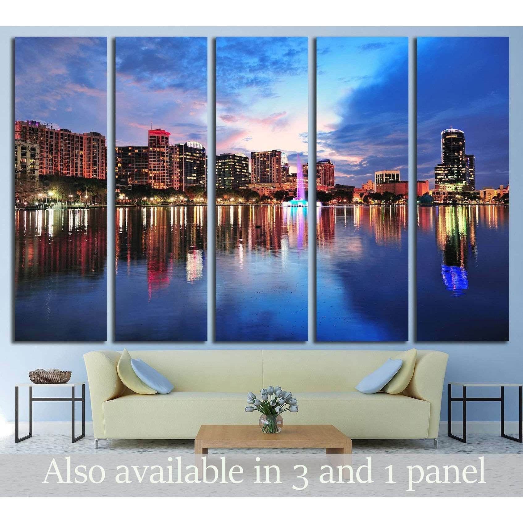 Orlando skyline over Lake Eola at dusk with urban skyscrapers №1671 Ready to Hang Canvas PrintCanvas art arrives ready to hang, with hanging accessories included and no additional framing required. Every canvas print is hand-crafted, made on-demand at our