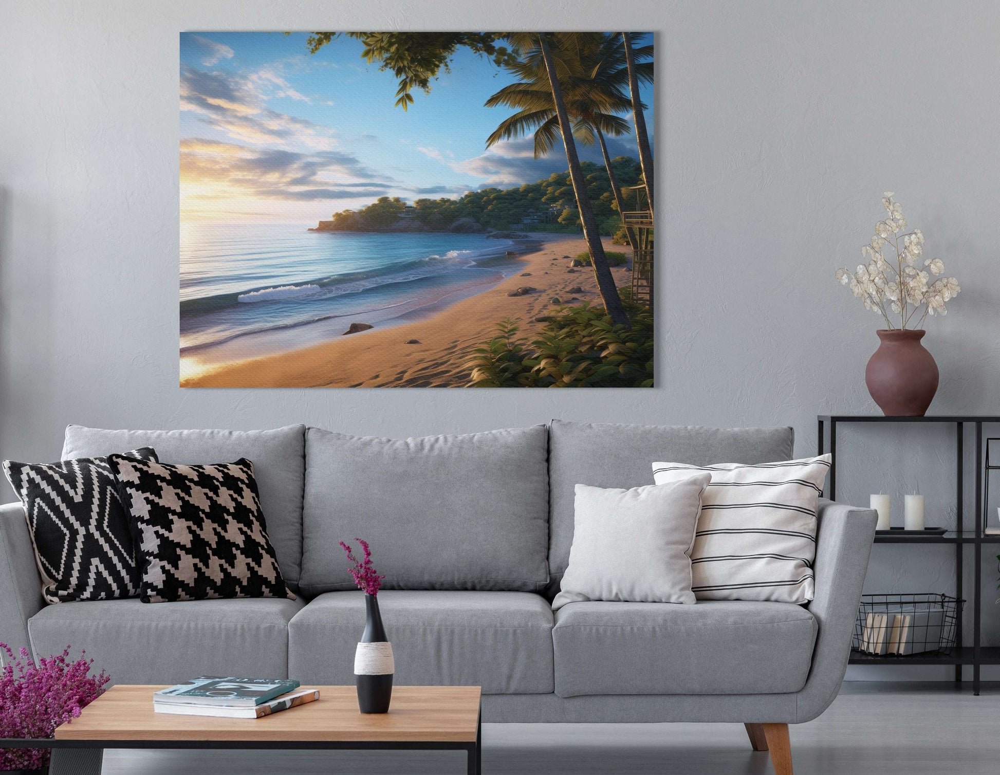 Palm Trees and Beach at Sunset - Canvas Print - Artoholica Ready to Hang Canvas Print