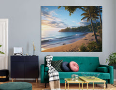 Palm Trees and Beach at Sunset - Canvas Print - Artoholica Ready to Hang Canvas Print