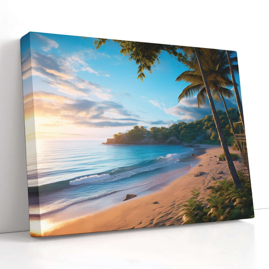 Palm Trees and Beach at Sunset - Canvas Print - Artoholica Ready to Hang Canvas Print